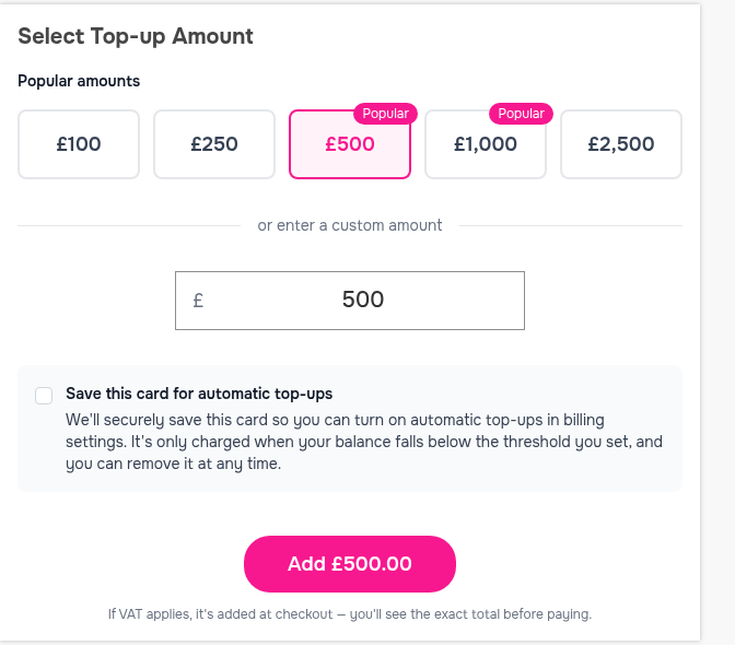 Top-up page showing the save-card consent option