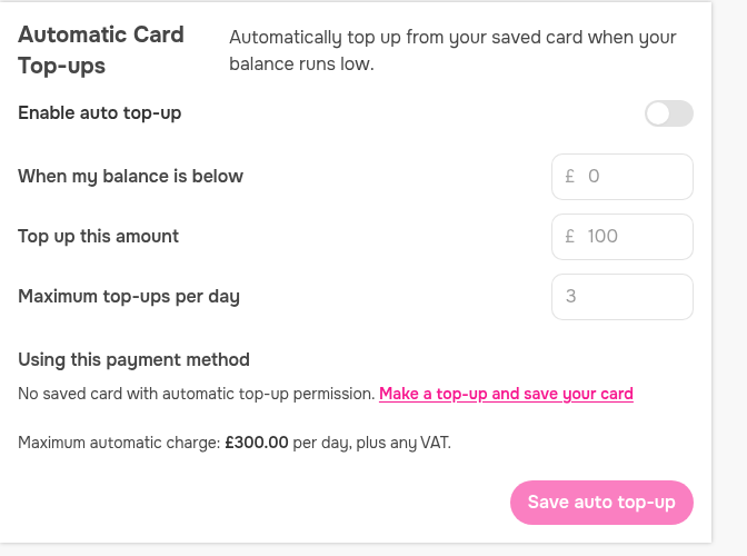 Automatic Card Top-ups settings