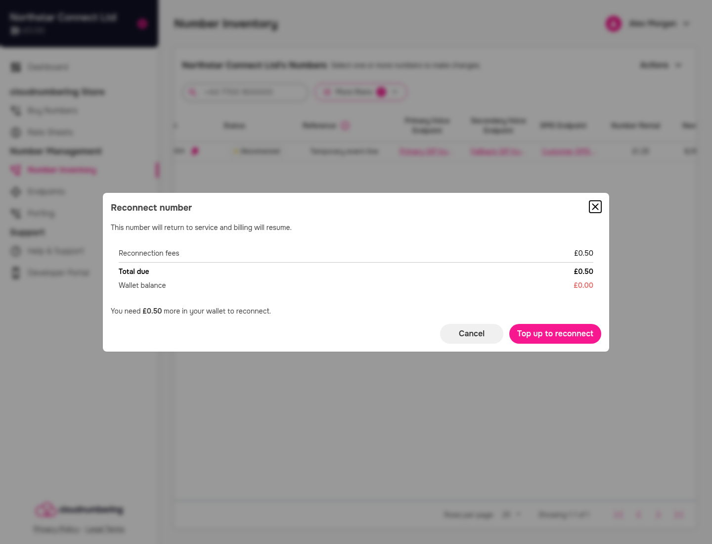 Reconnect preview showing fees, balance, and shortfall