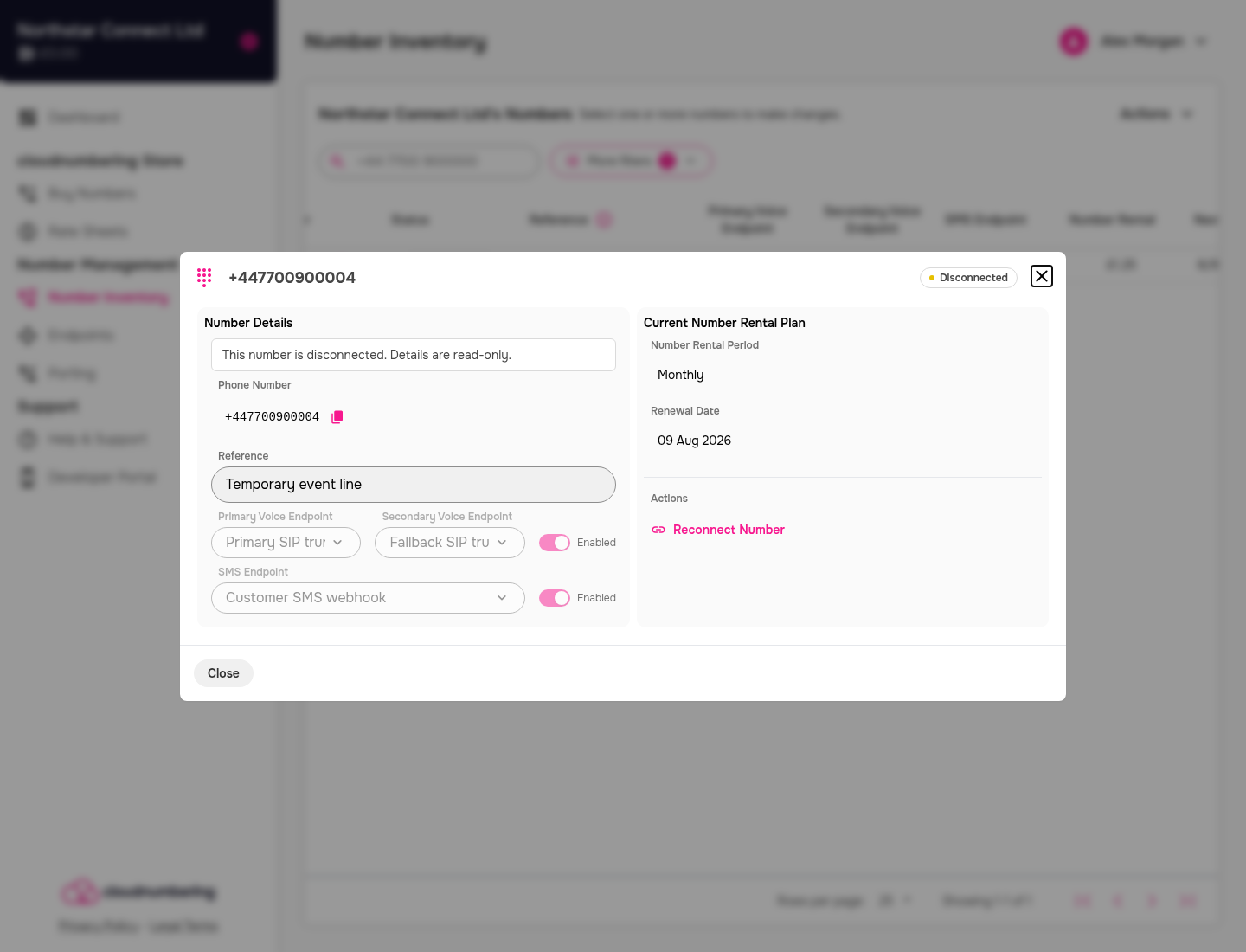 Disconnected number details showing the Reconnect Number action