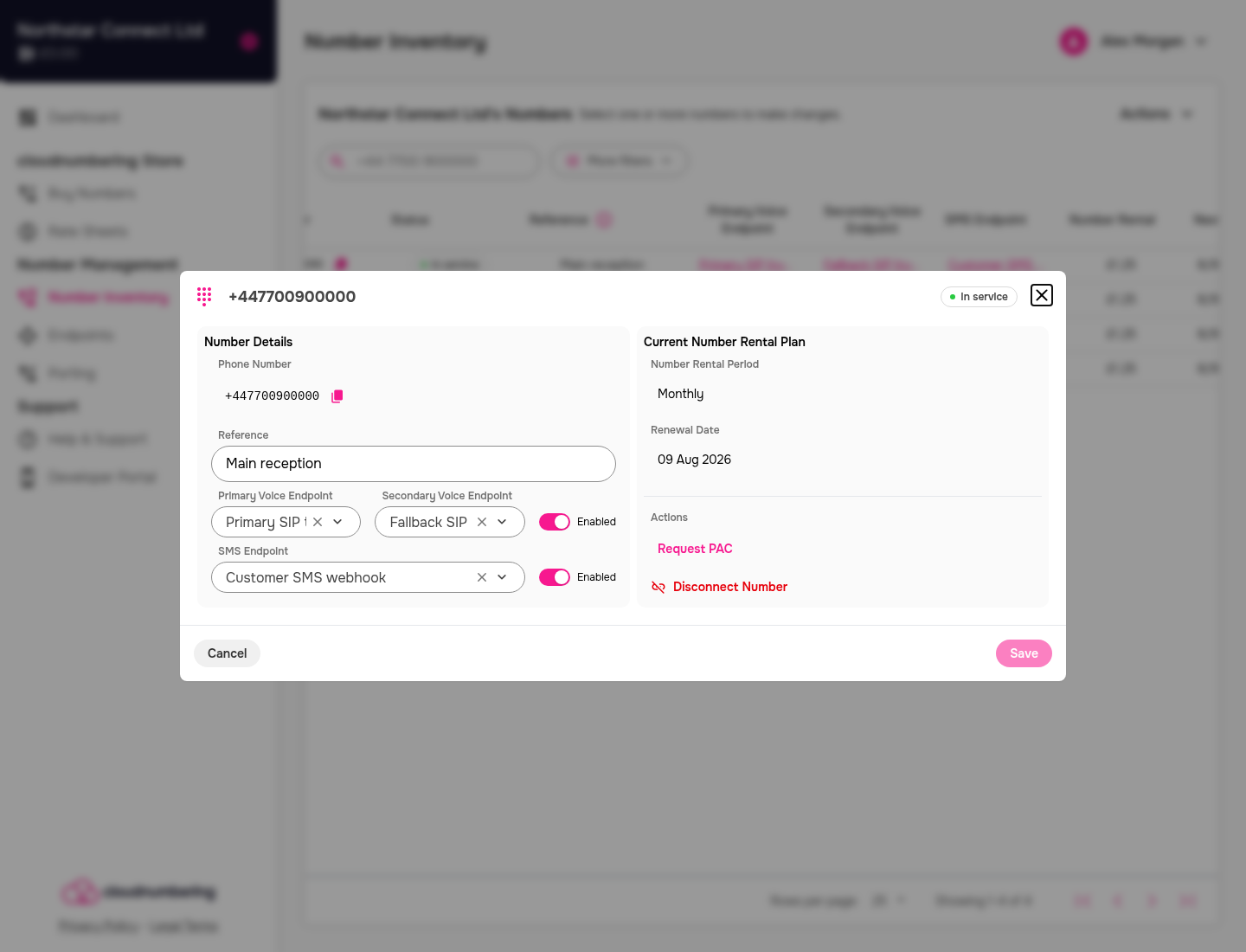 Number details showing endpoints, rental details, and actions