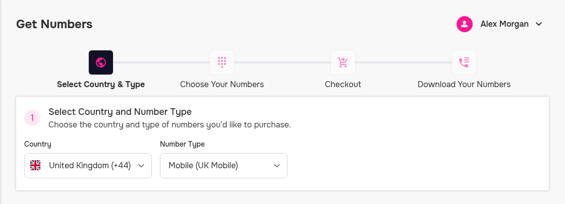 Country and number type selection in the Buy Numbers flow