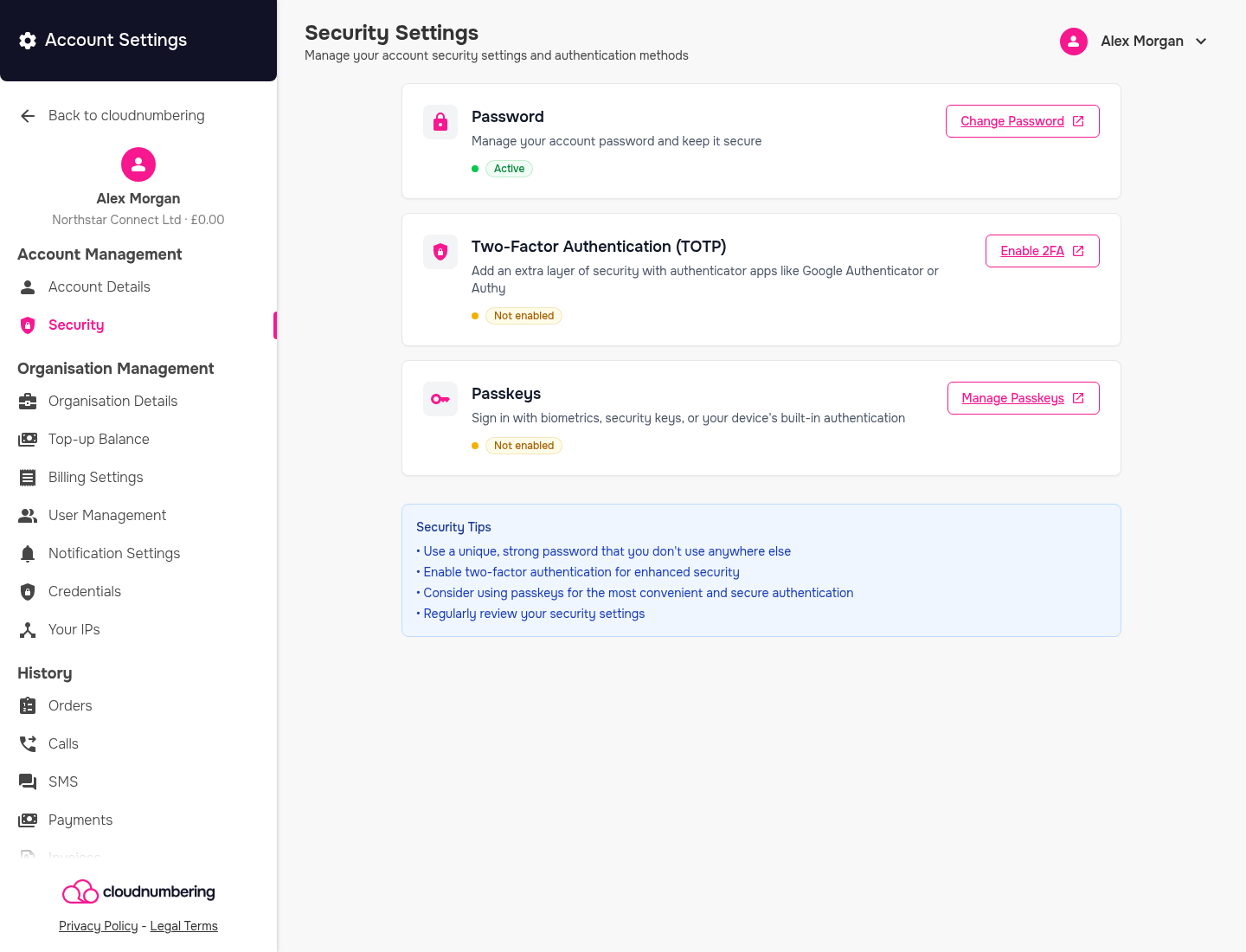 Security Settings showing password, two-factor authentication, and passkeys