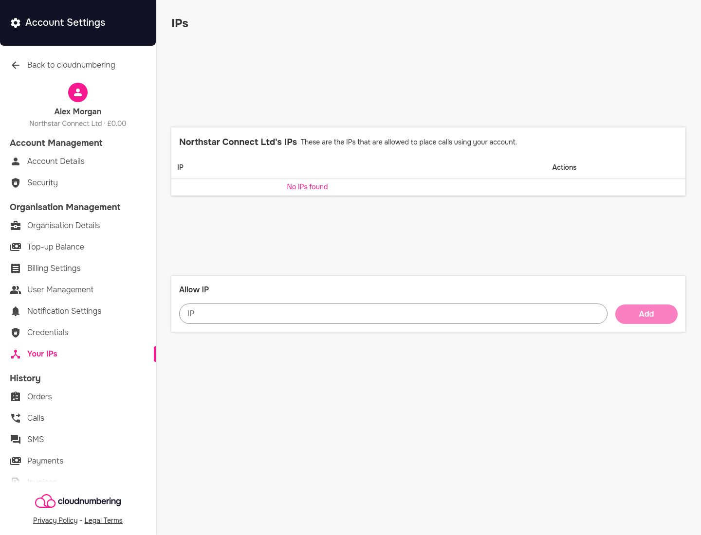 Your IPs page showing the allowed-IP list and Allow IP field