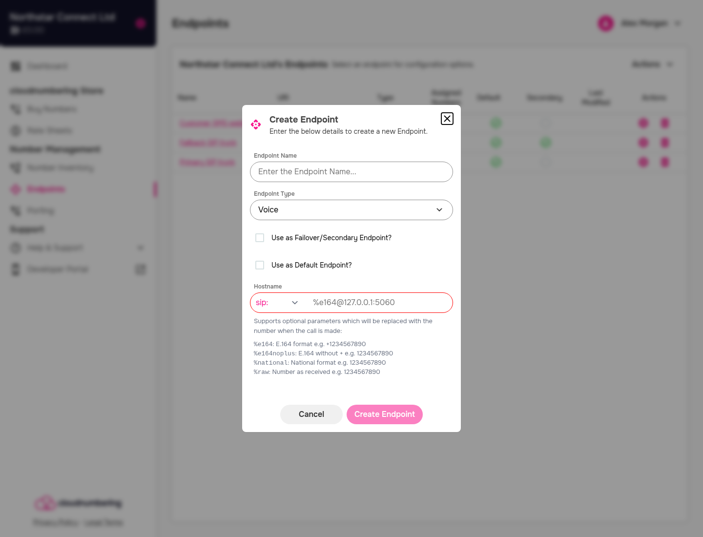 Create Endpoint form with Voice selected