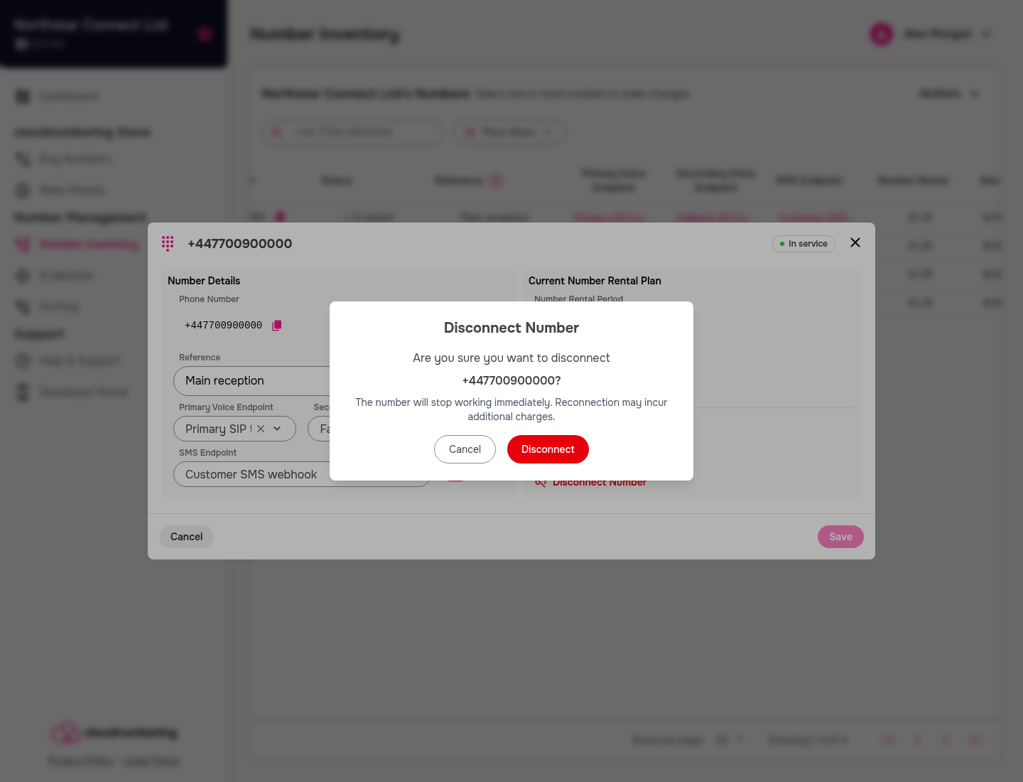 Disconnect Number confirmation dialog