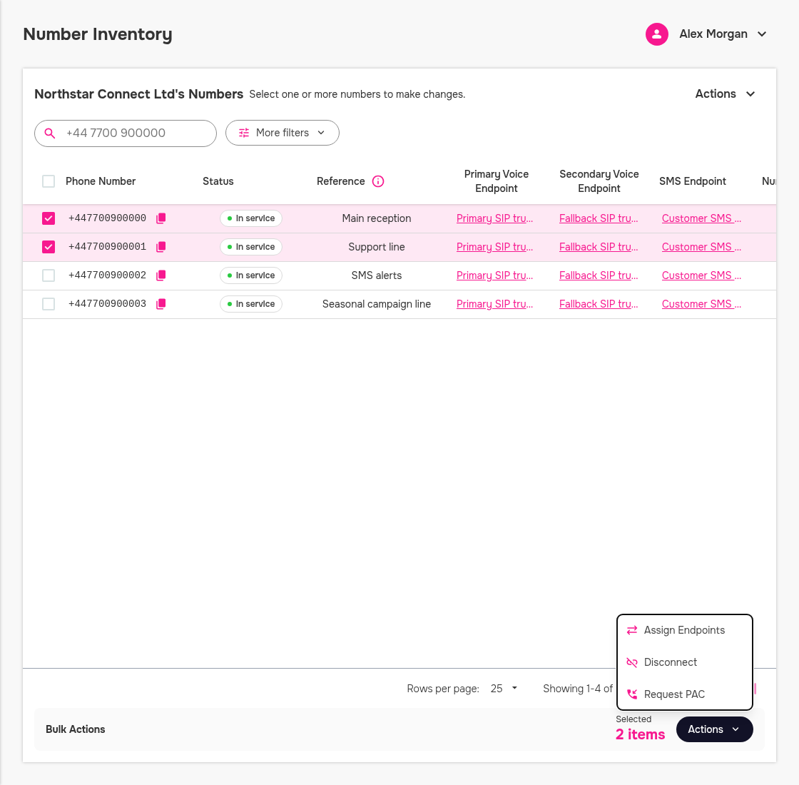 Bulk actions menu showing the Disconnect action