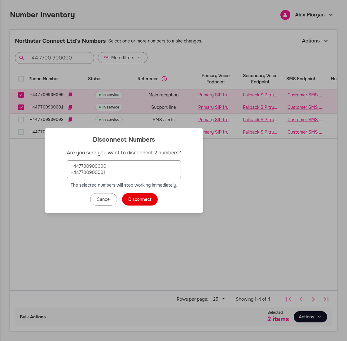 Bulk disconnect confirmation dialog listing selected numbers